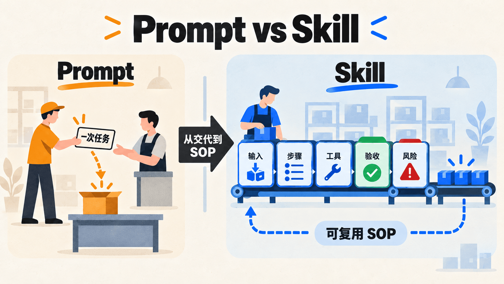 Prompt 是一次任务，Skill 是可复用 SOP